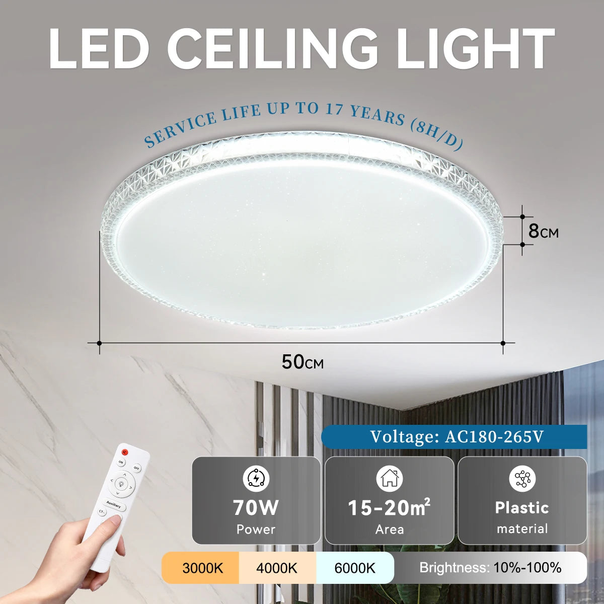 Crystal Led Ceiling Lamp with Remote Control Dimming 3 Colors Led Panel Lighting for Living Room 50W 70W Ceiling Lights 220V